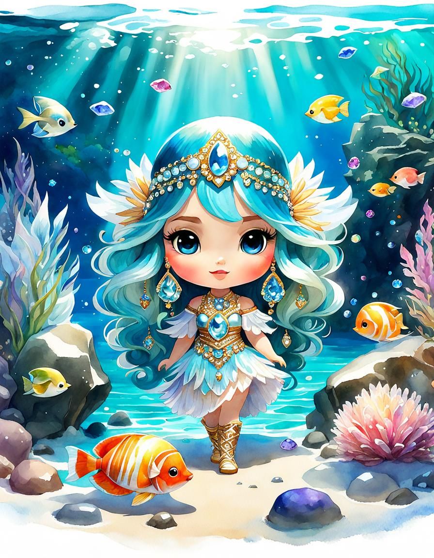 Bejeweled Chibi in Magical Ocean Fantasy, Watercolor Style