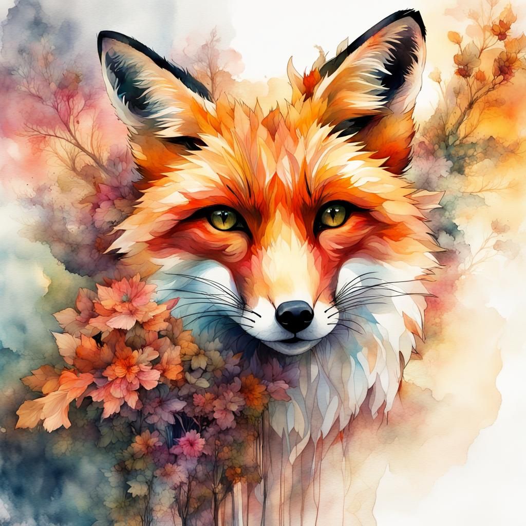 Fantasy Watercolor Fox Double Exposure at Sunset