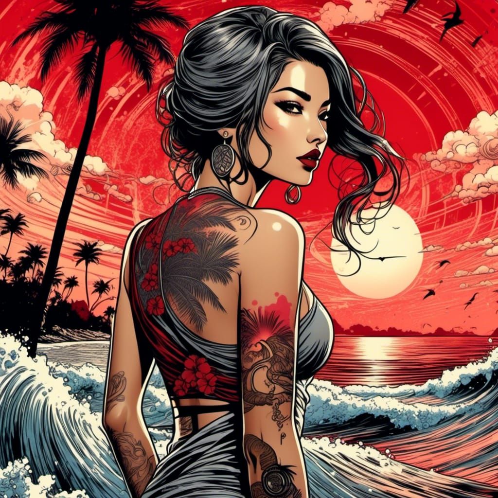 Sunset Beach Scene in Comic Style