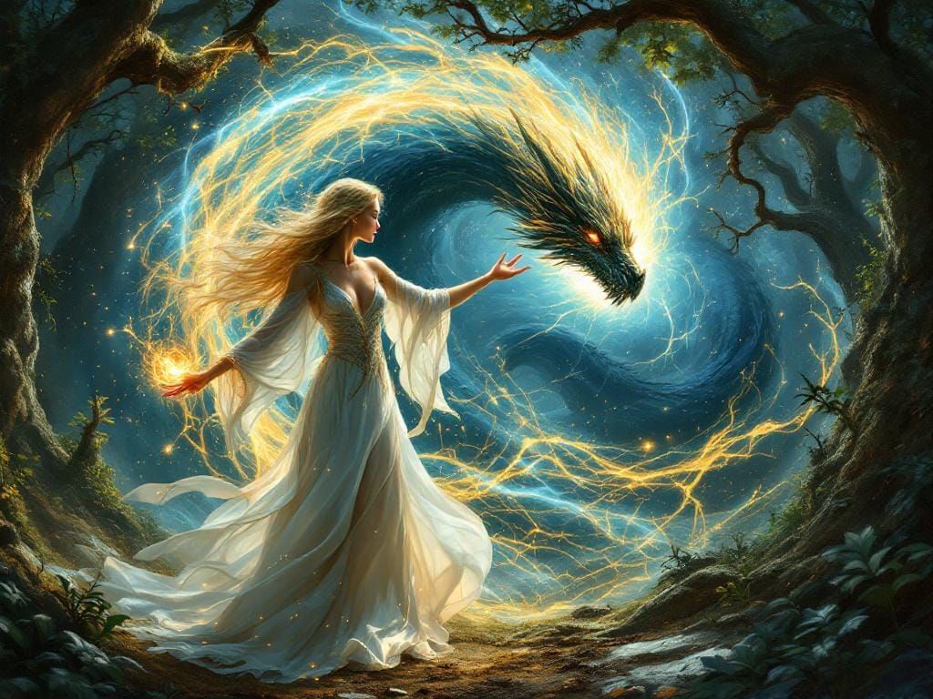 Celtic Sorceress Conjuring Vortex with Dragon Companion
