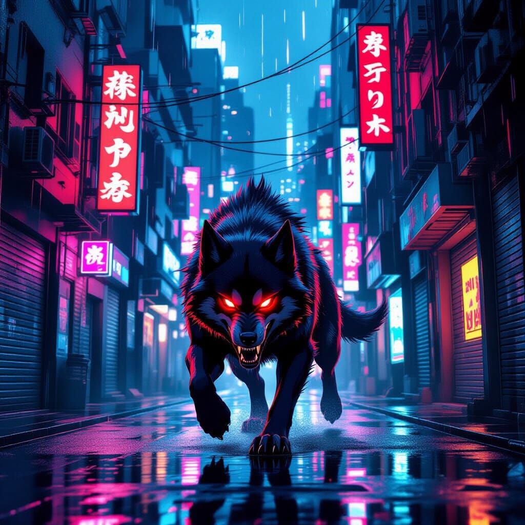 Demon Dog in Neon Alleyway - Cyberpunk Anime Style