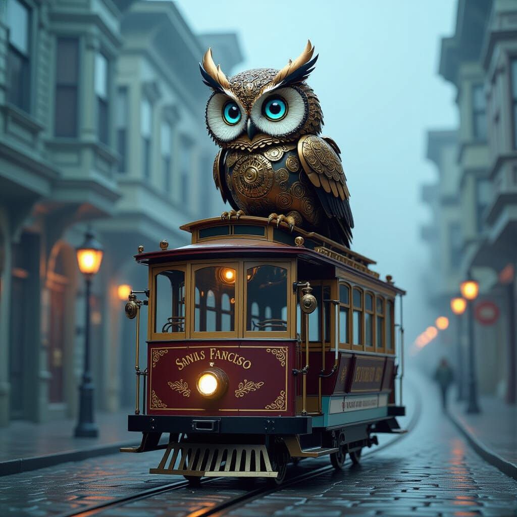 Clockwork Owl on Victorian Cable Car in Steampunk Style