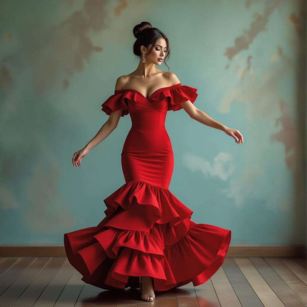 Flamenco Dancer in Crimson Dress with Abstract Backdrop