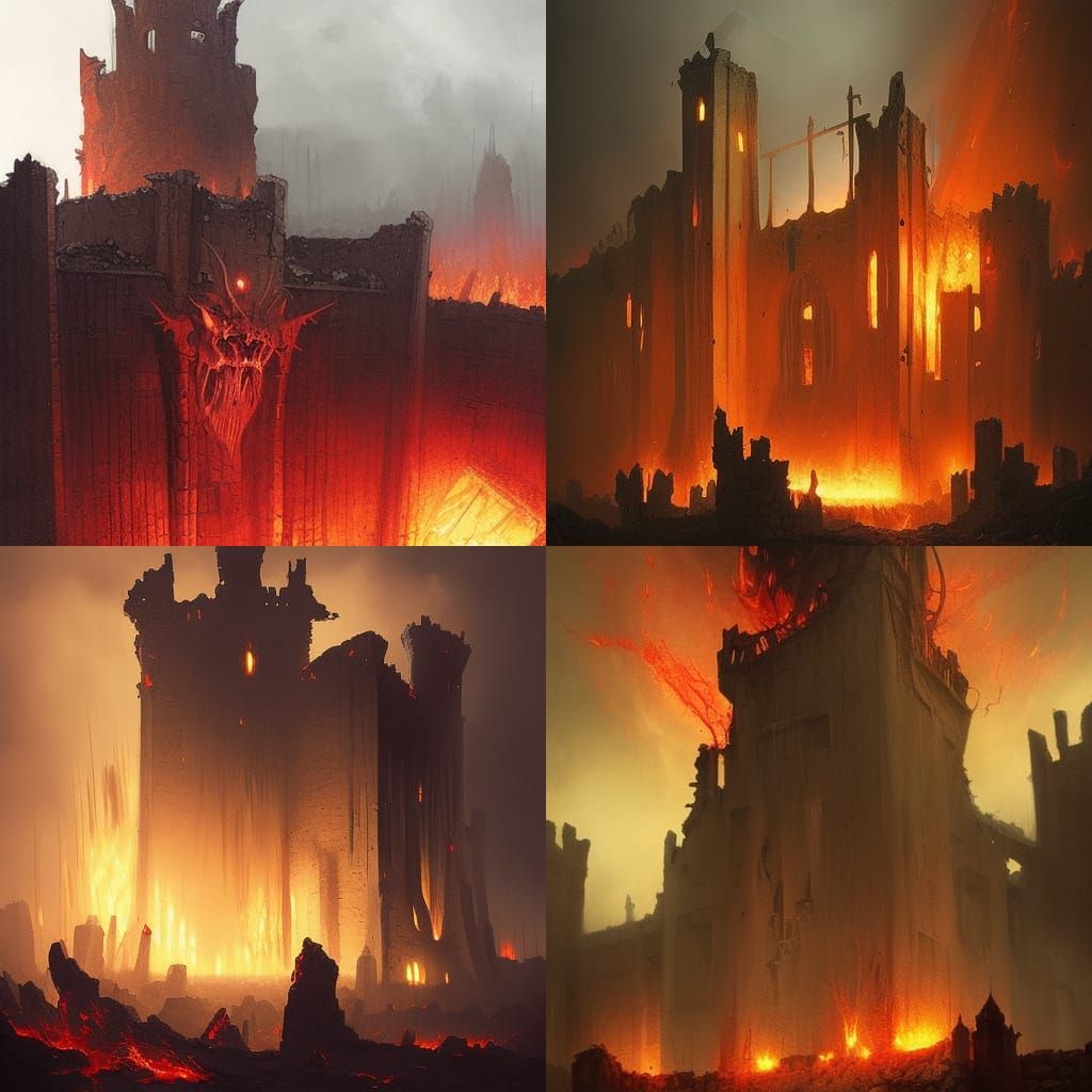 Infernal Medieval Castle Ruins Ablaze