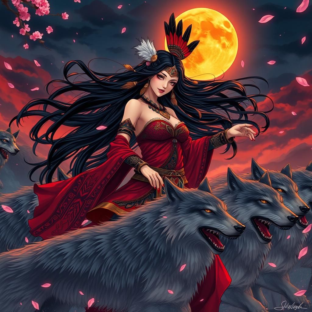 Shaman Woman Dancing with Wolves in Anime Style