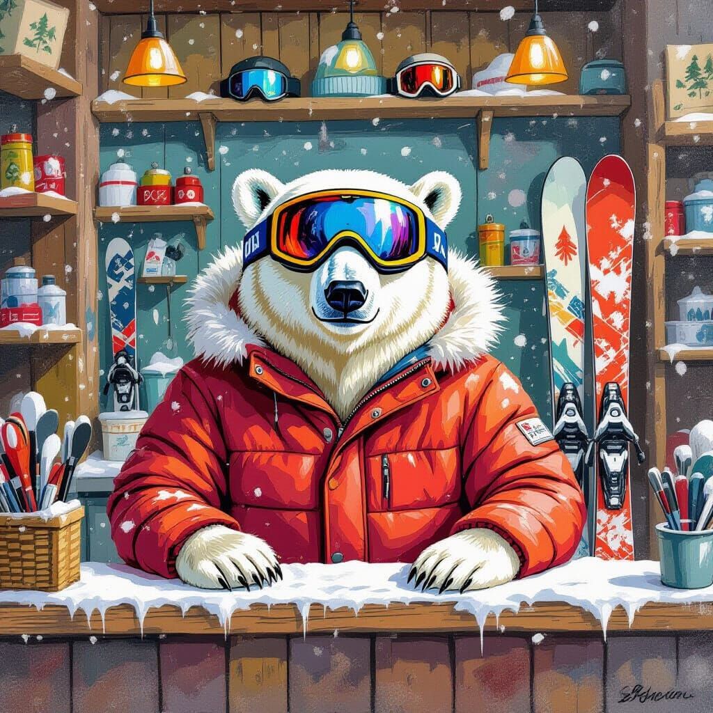 Polar Bear Ski Shop in Whimsical Pop Art Style