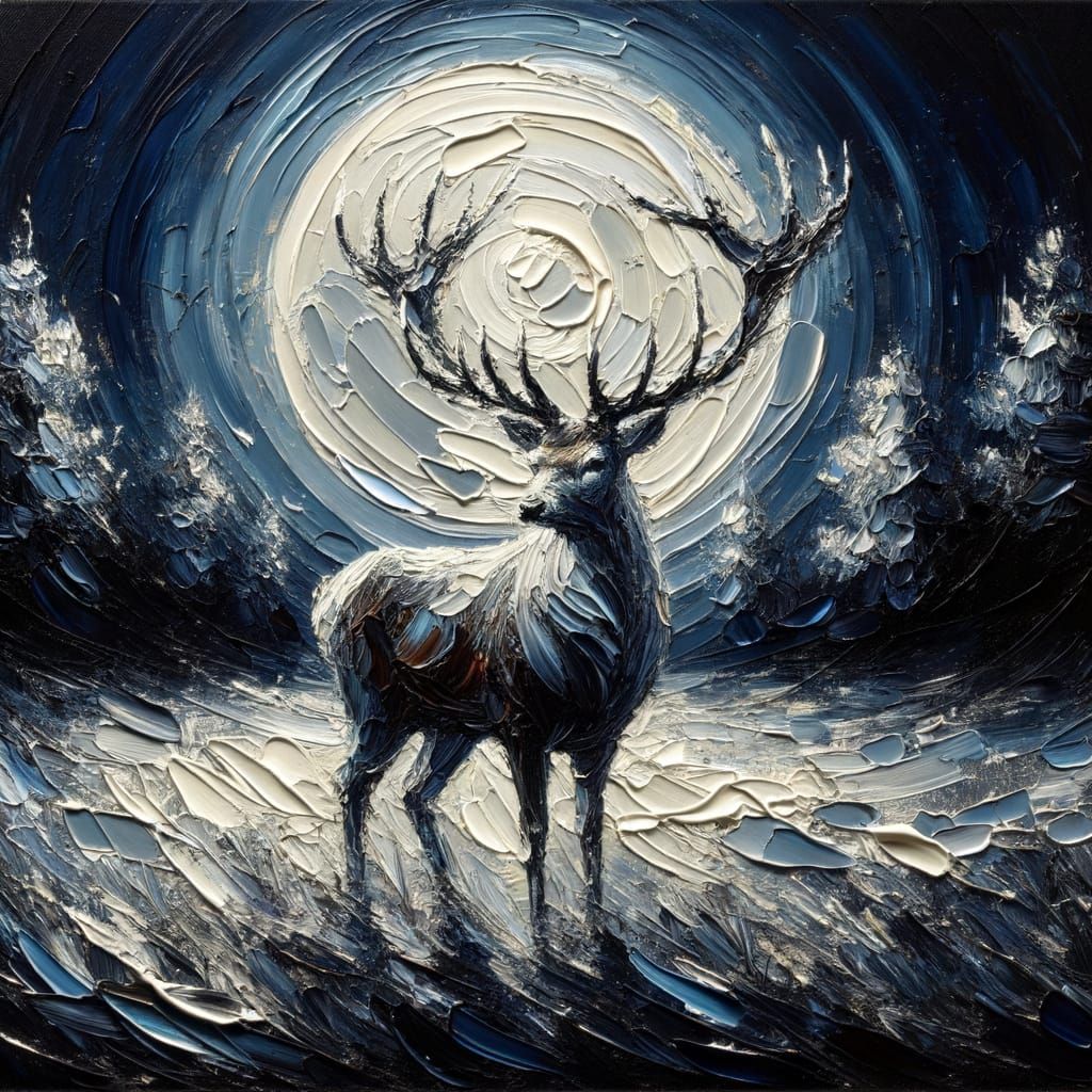 Majestic Stag in Moonlight, Impasto Antlers