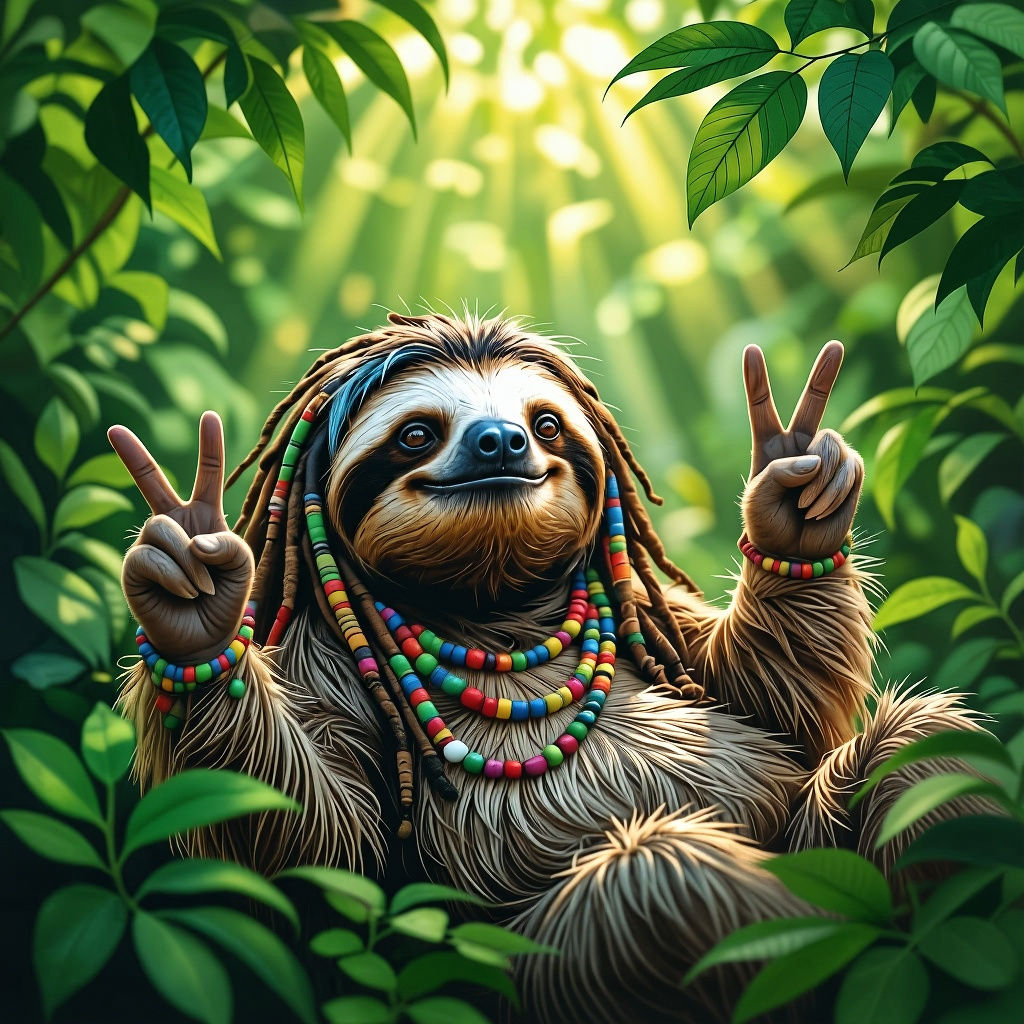 Rasta Sloth Making Peace Sign Under Rainforest Leaves