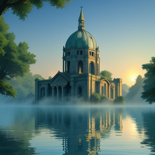 Ancient Basilica Submerged in Tranquil Blue Lake at Sunset