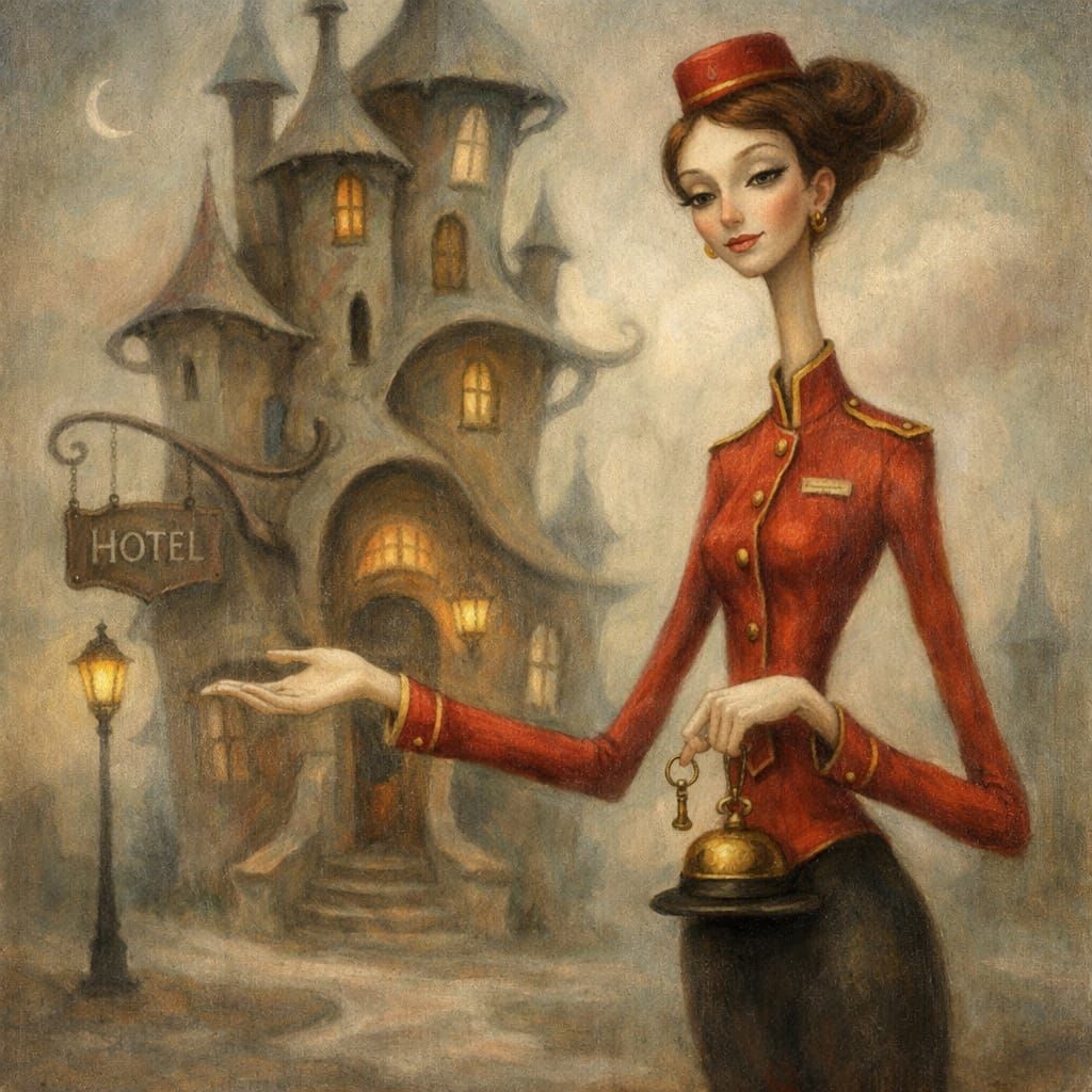 Surreal Concierge Before Weird Building in Dreamlike Style
