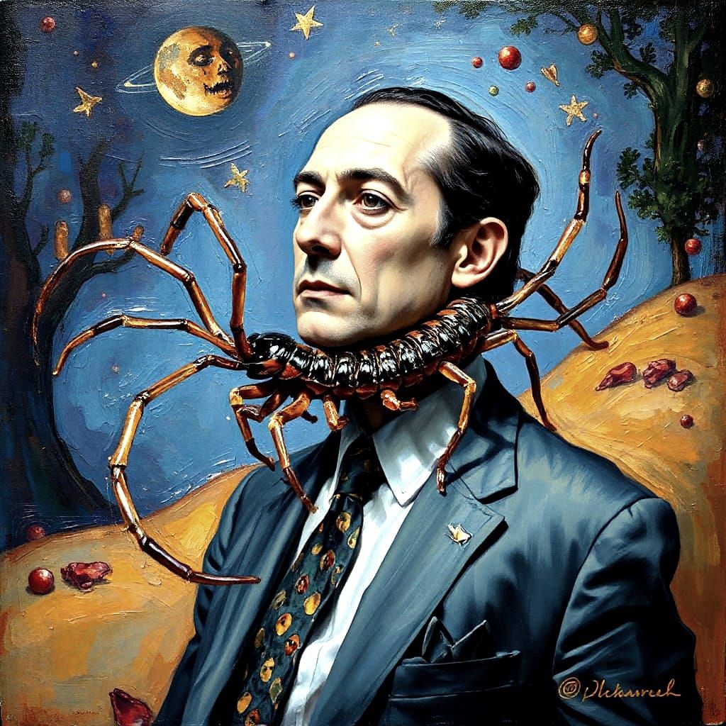 Surreal Centipede Coiling Around a Man: Impasto Oil Painting
