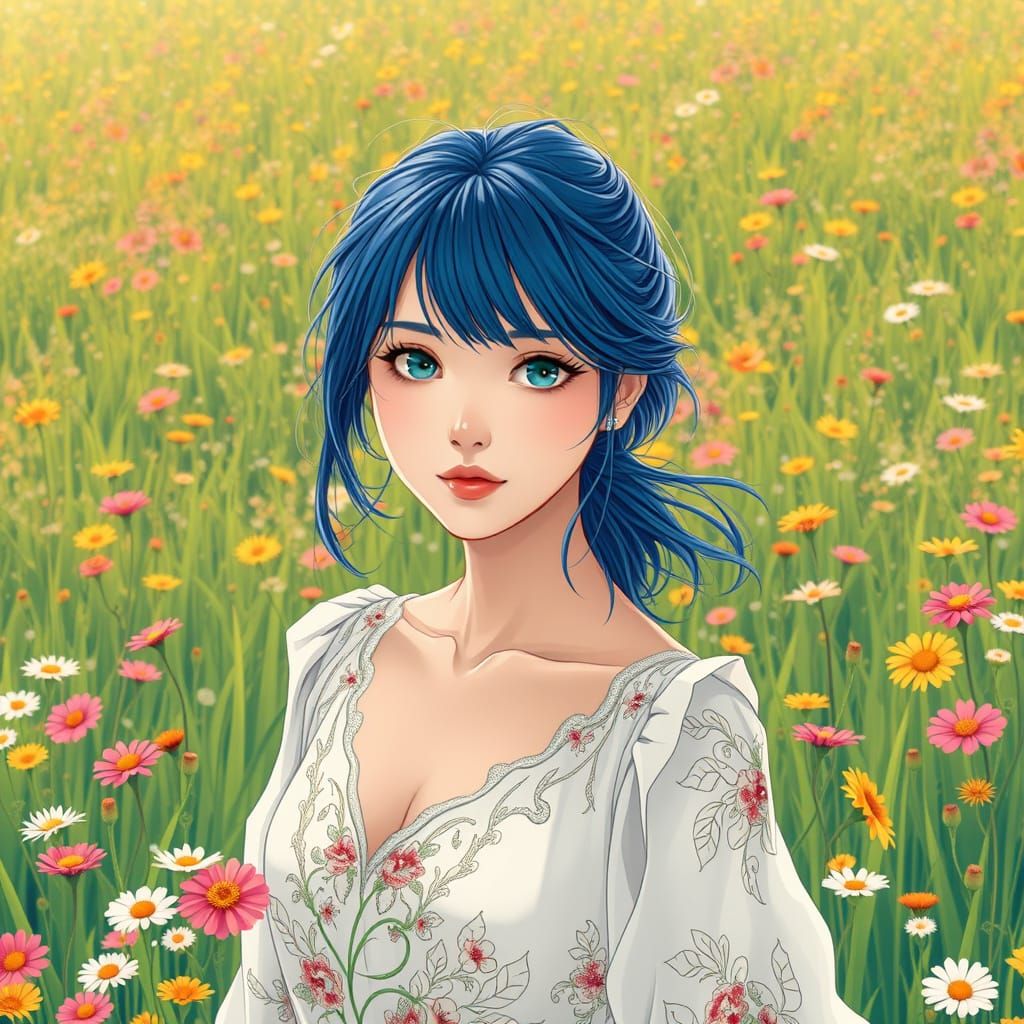 Anime-Style Woman with Blue Hair in Meadow