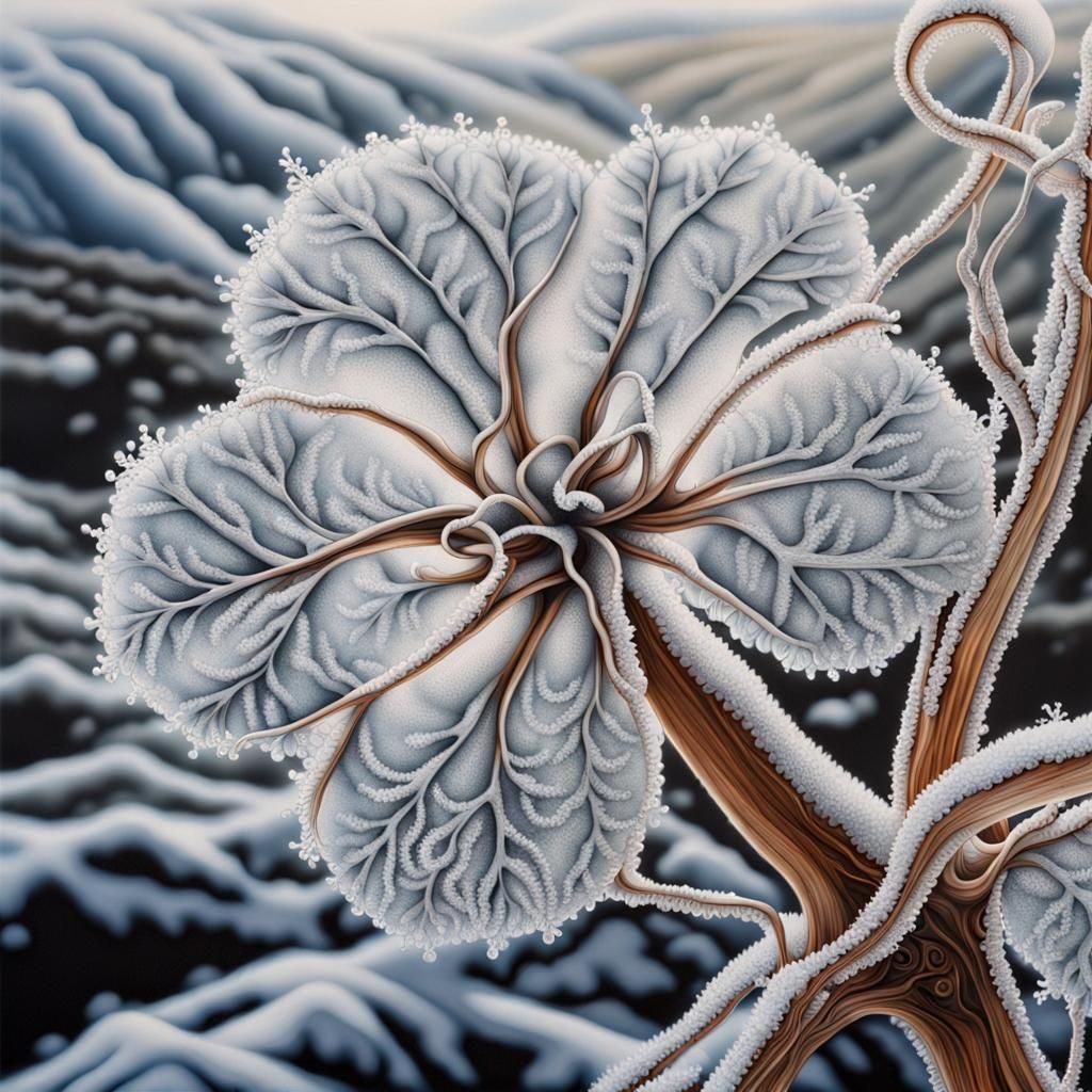 Very detailed ink Airbrush painting, filigree fine lines, frosted Single COTTON plant botanical silk twisting milk fract...
