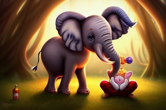 Elephant in Pyjamas Eating Cheeseburger: Digital Illustratio...