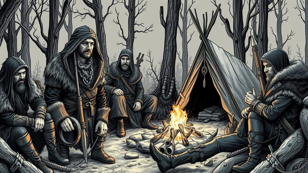 Fantasy Trappers Campfire Scene in Primeval Forest