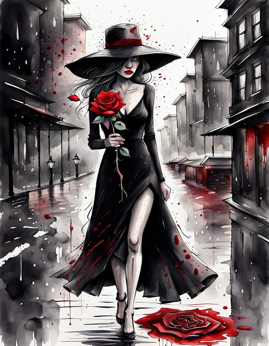 Rainy City Rose: Melancholic Black and White Sketch