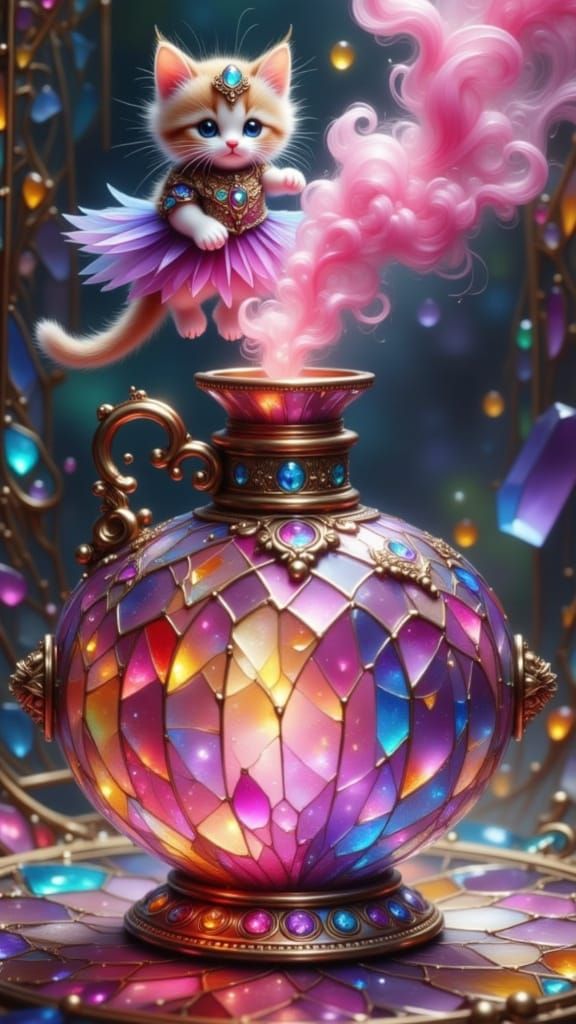 Adorable Kitten Genie Emerges from Crystal Bottle