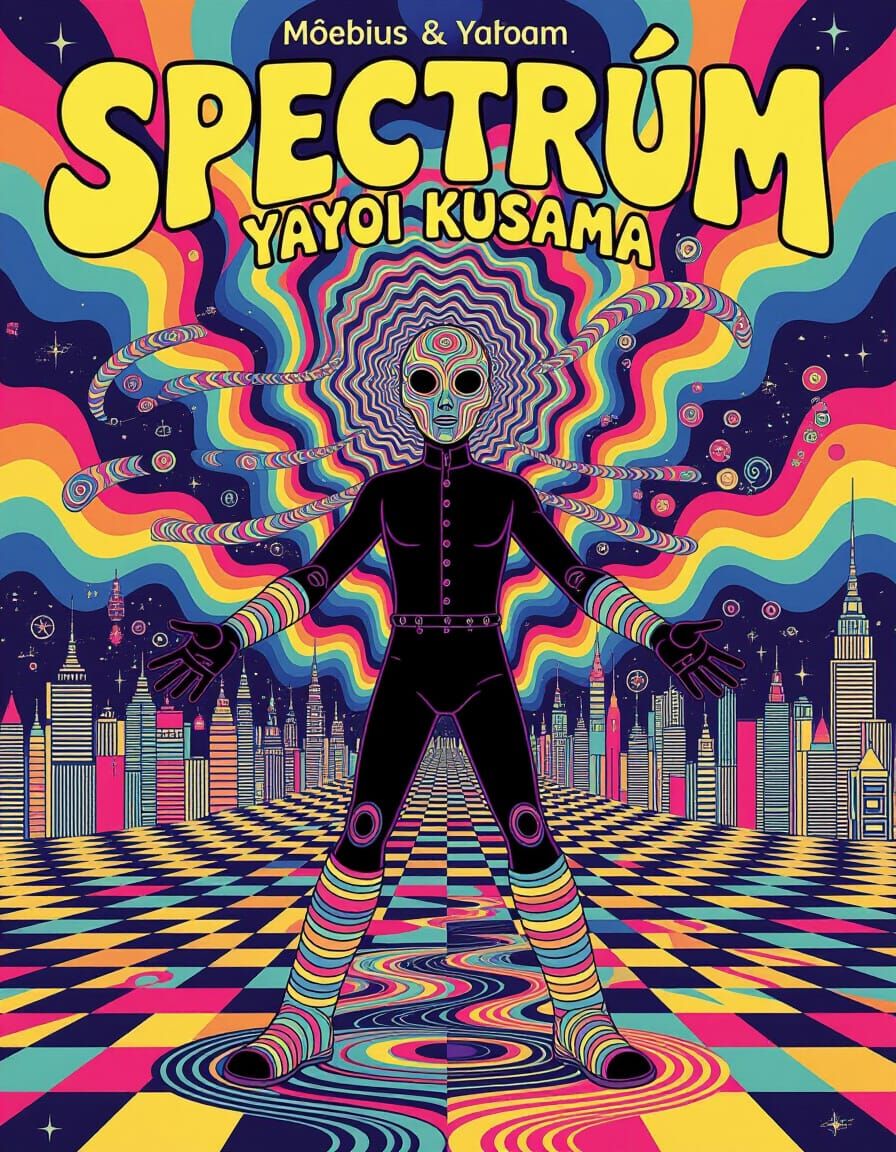 Psychedelic Spectrum Cityscape with Swirling Ribbons