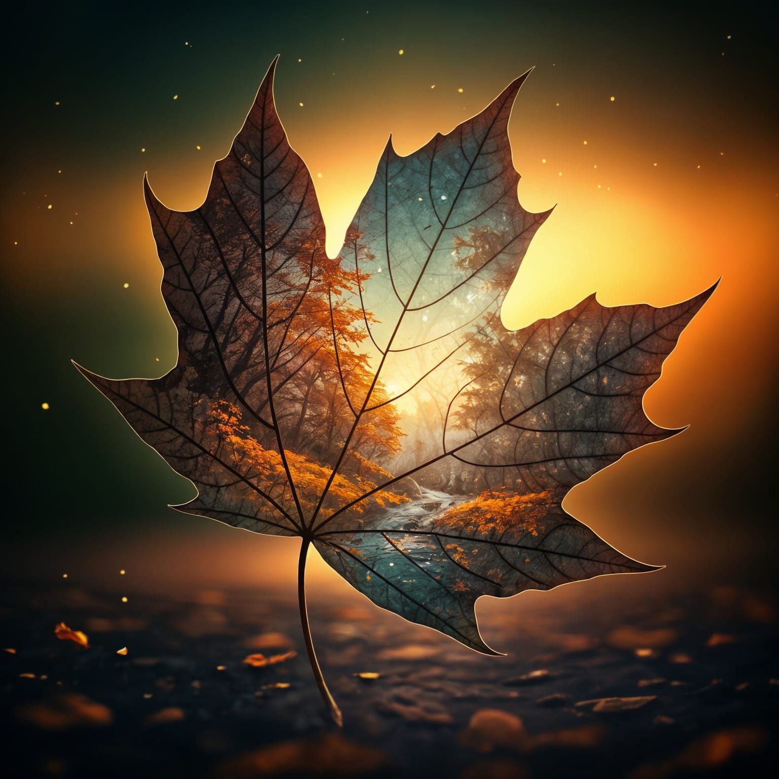 Magical Autumn Wonderland Etched on Maple Leaf