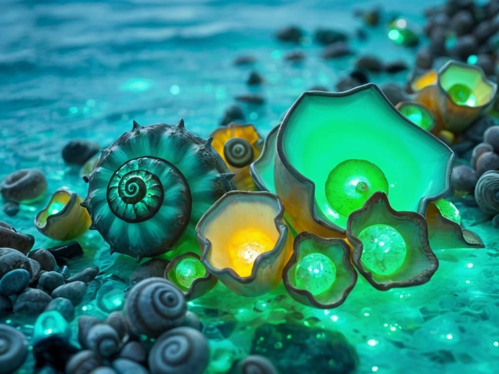 Bioluminescent Shells on an Alien Turquoise Shore