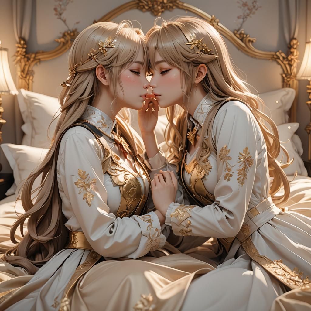 Romantic Anime Girls Kissing in Soft Golden Light