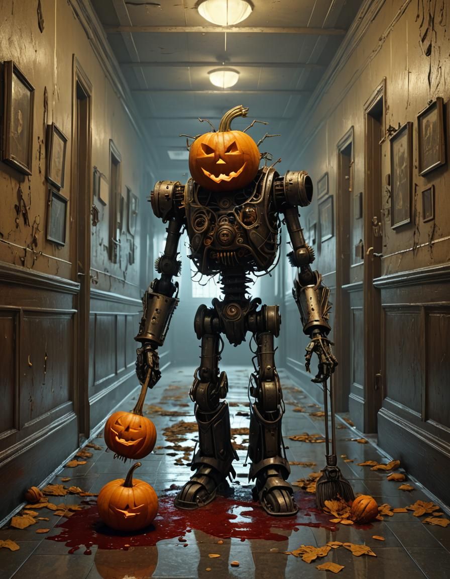 Steampunk Robot Janitor in Post-Apocalyptic School