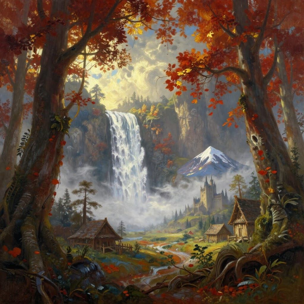 Dramatic Fantasy Landscape Painting with Waterfall and Castl...