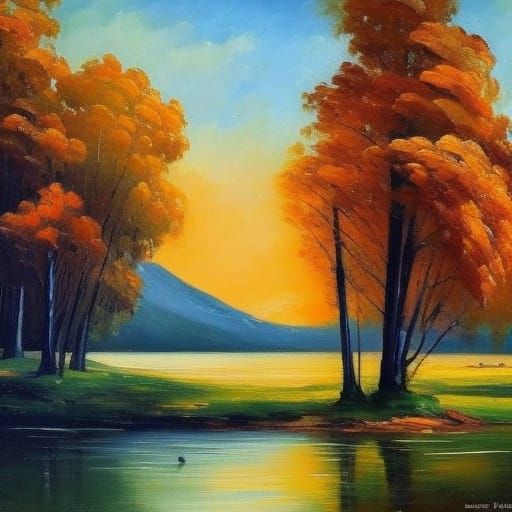 Landscape with Large Moon in Neo-Impressionist Style