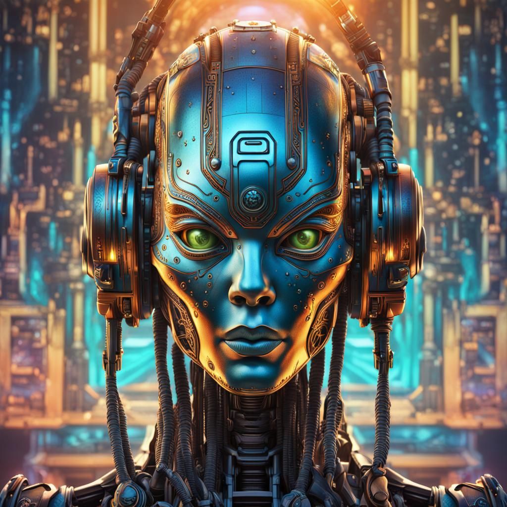 Female Robot with Holographic Eye, Hyperrealistic Portrait