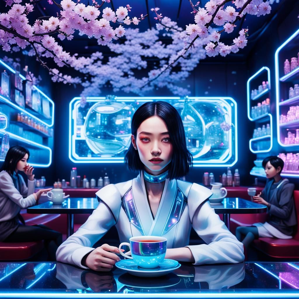 Futuristic Cafe Scene with Woman Sipping Tea