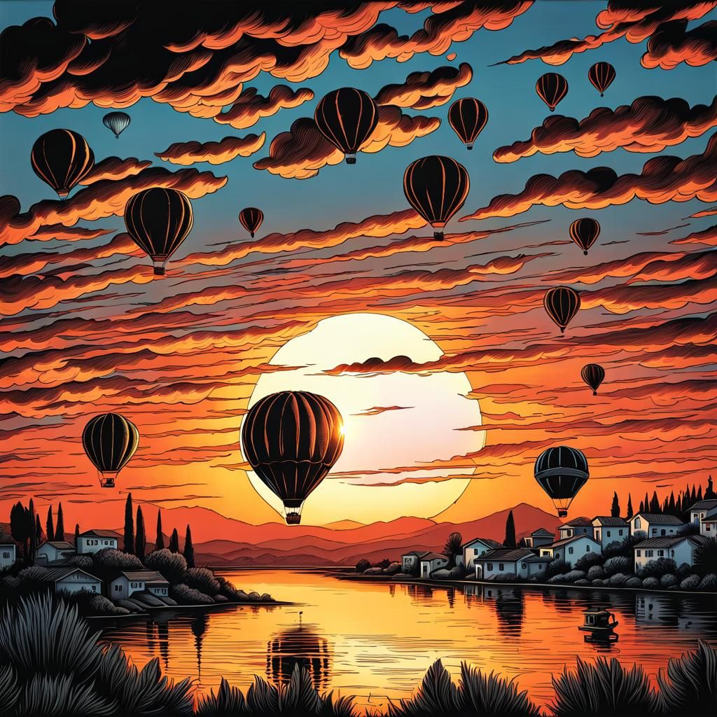 Turkish Sunset with Hot Air Balloons, Comic Book Art
