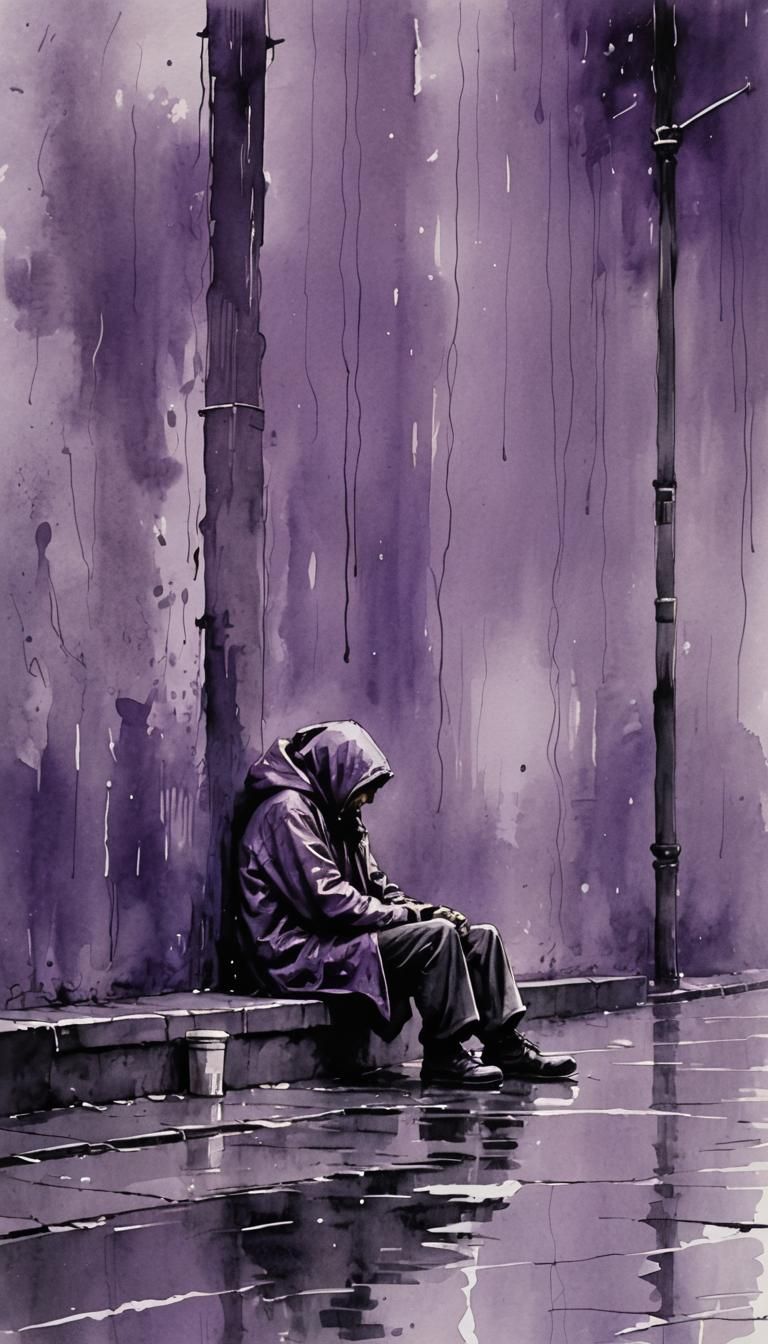 Lonely Man in Rain: Minimalist Ink Painting