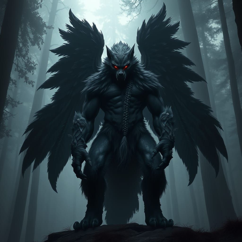 Wolf-Like Creature in Dark Forest with Glowing Eyes