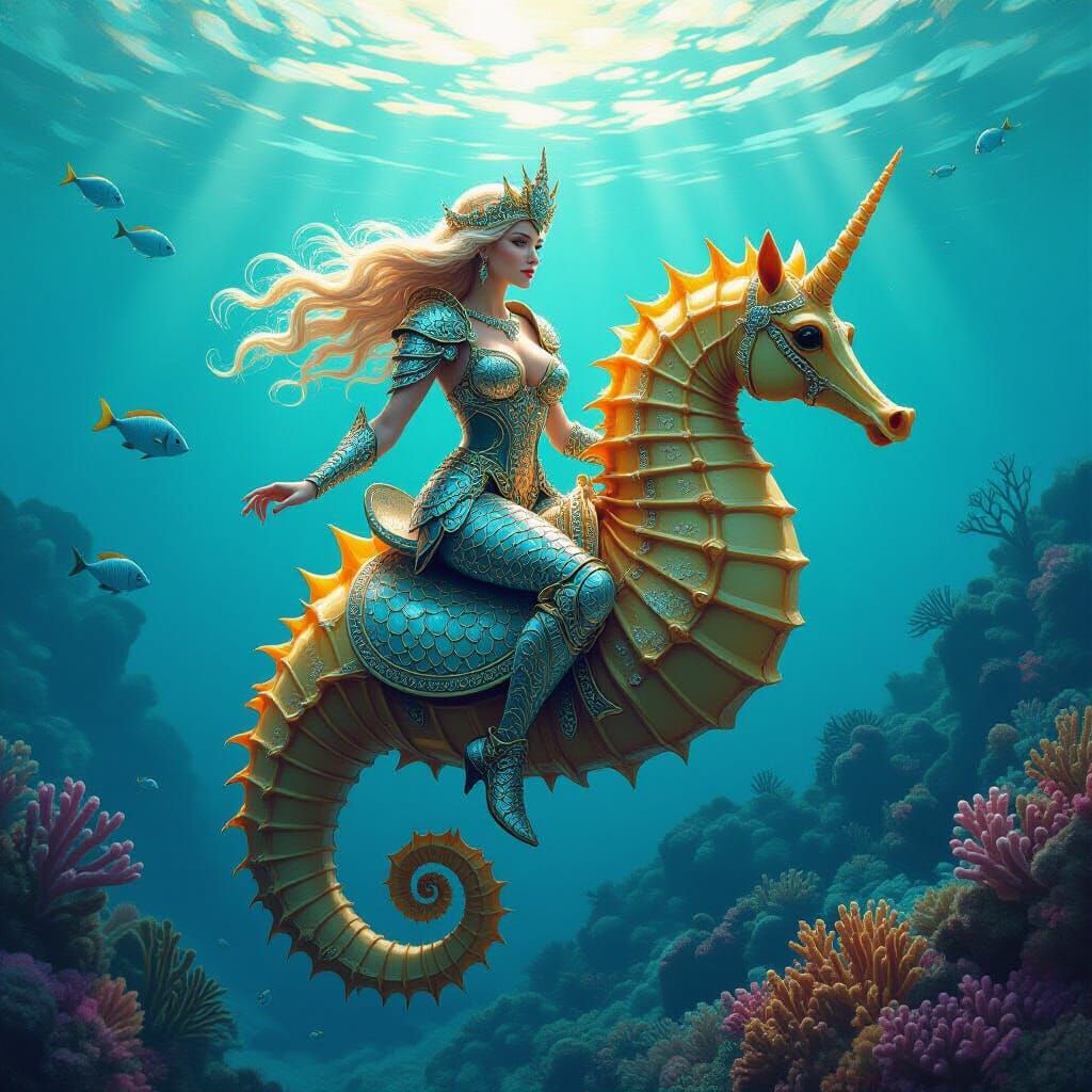 Seahorse Goddess in Shimmering Armor, Hyperrealistic Style