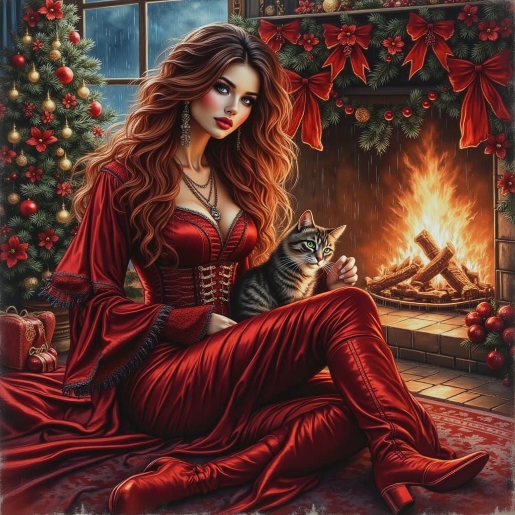 Woman Decorates Christmas Tree on Rainy Day