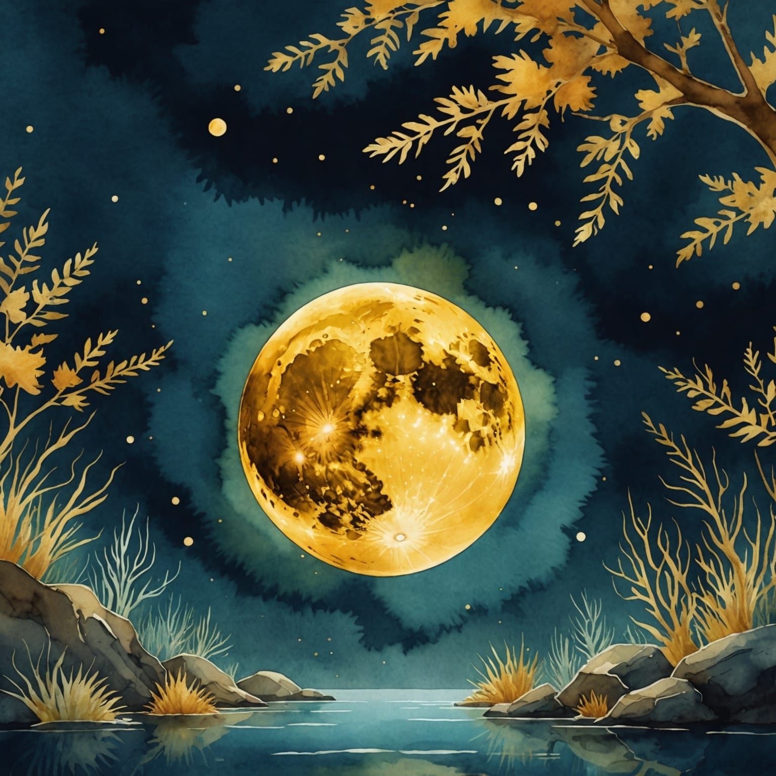 Underwater View of Golden Moon in Watercolor Style