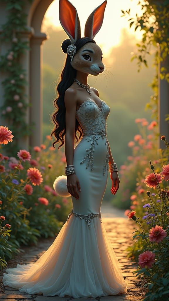 Anthropomorphic Rabbit in Evening Gown, Elegant Garden Party