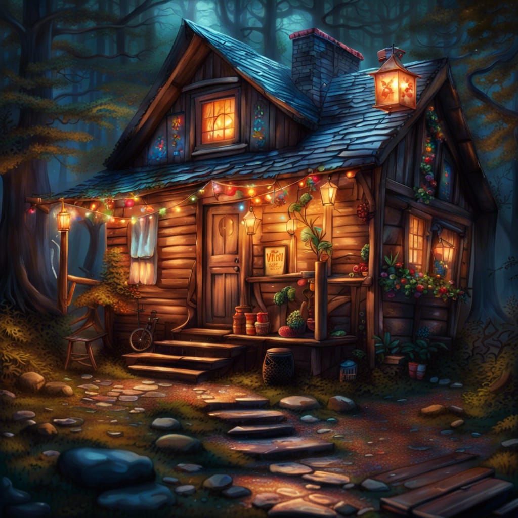 Charming Cabin in Woods with Fairy Lights: Photorealistic