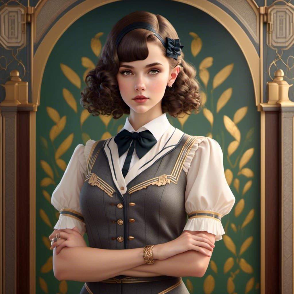 Chic Teenager in 1920s Uniform with Art Deco