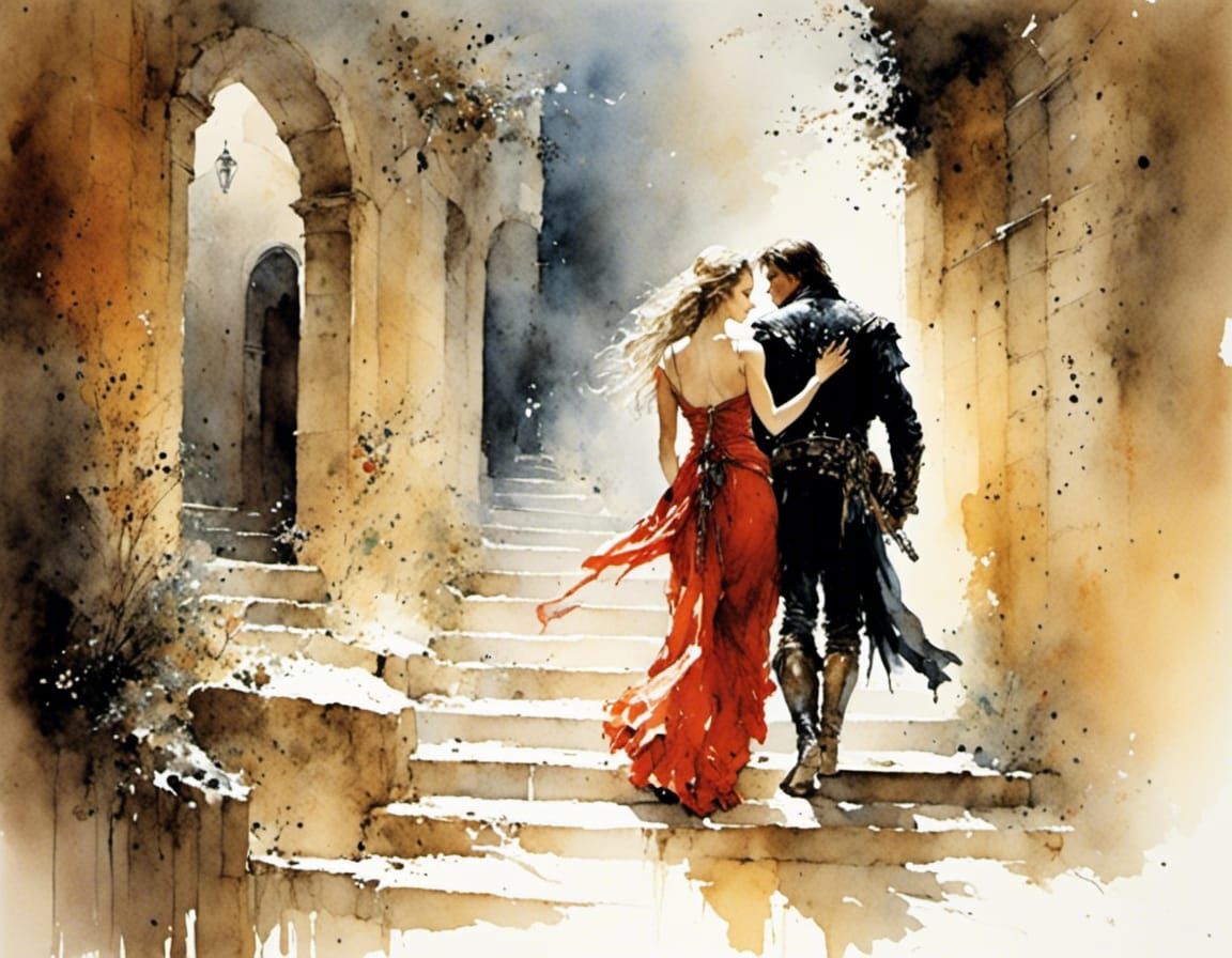 Woman Leads Man: Watercolor in Luis Royo Style