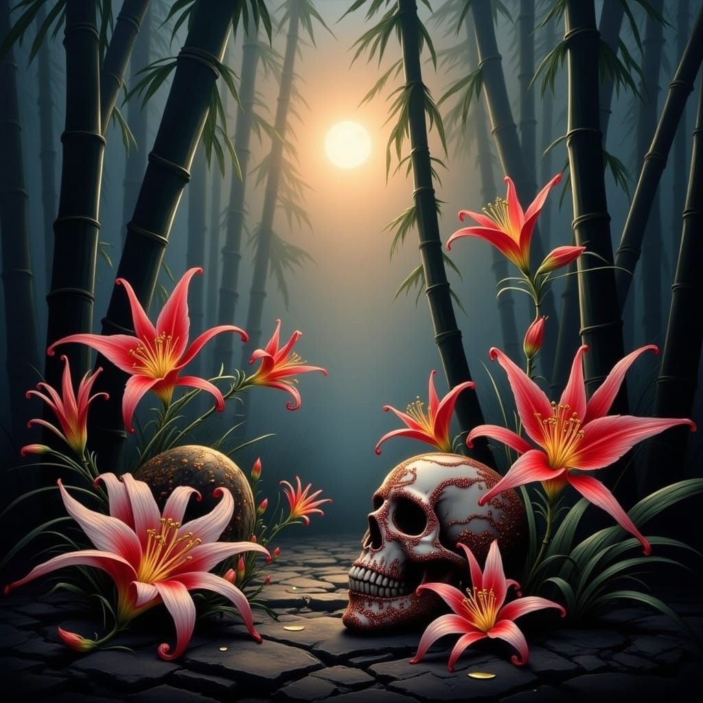 Japanese Bamboo Forest with Mardi Gras Skulls