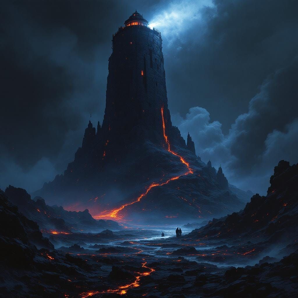 Obsidian Lighthouse on Volcanic Island: Dark Fantasy Scene