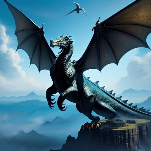Girl on Black Dragon Soaring Through Blue Sky