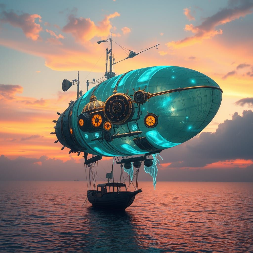 Bioluminescent Jellyfish Steampunk Airship Digital Art