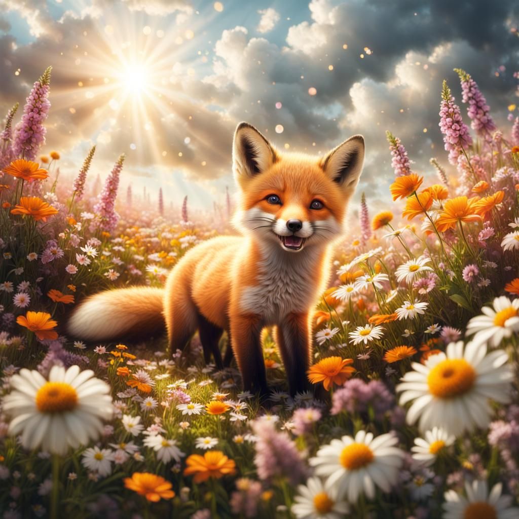 Joyful Fox Cub Playing in Flowers: Digital Painting