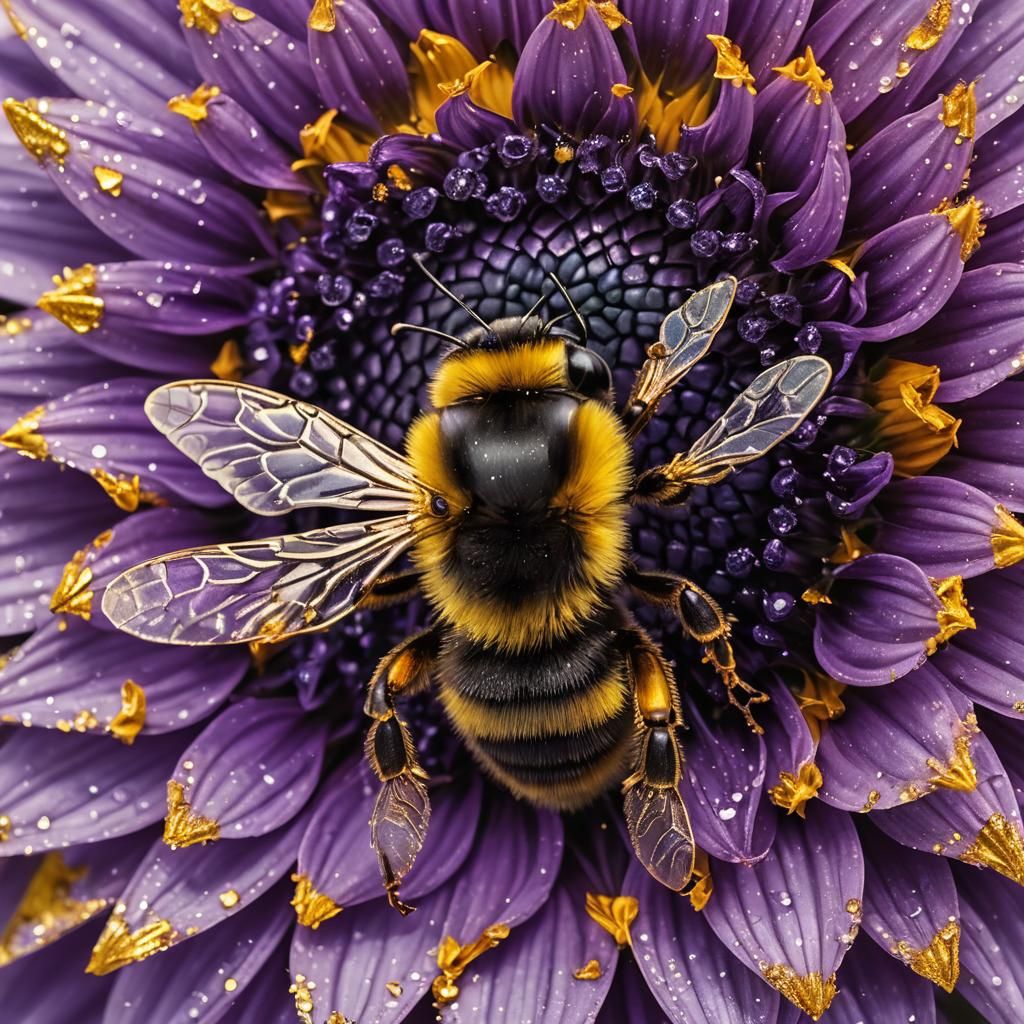 Diamond Bumble Bee on Purple Sunflower: Macro Photography