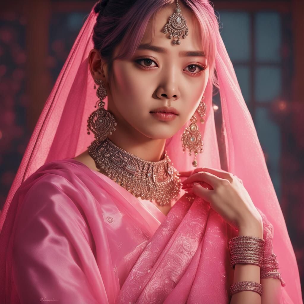 Roseanne Park in Pink Saree: Realistic 8K Portrait