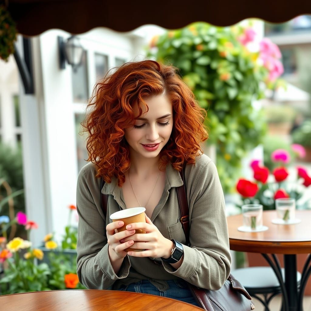 Effortless Young Woman Waits at the Charming Outdoor Café