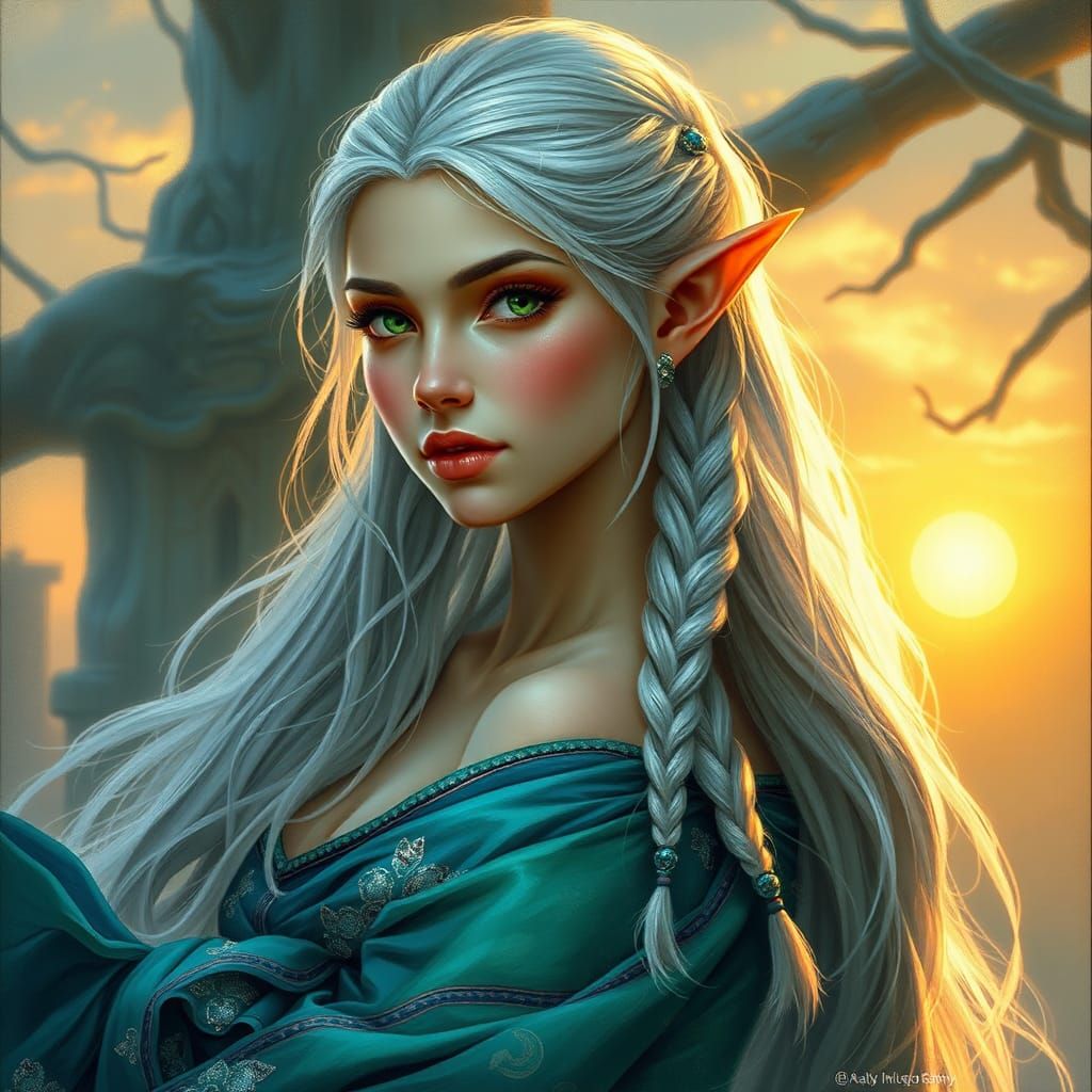 Elegant Elf in Forest, Oil Painting Style