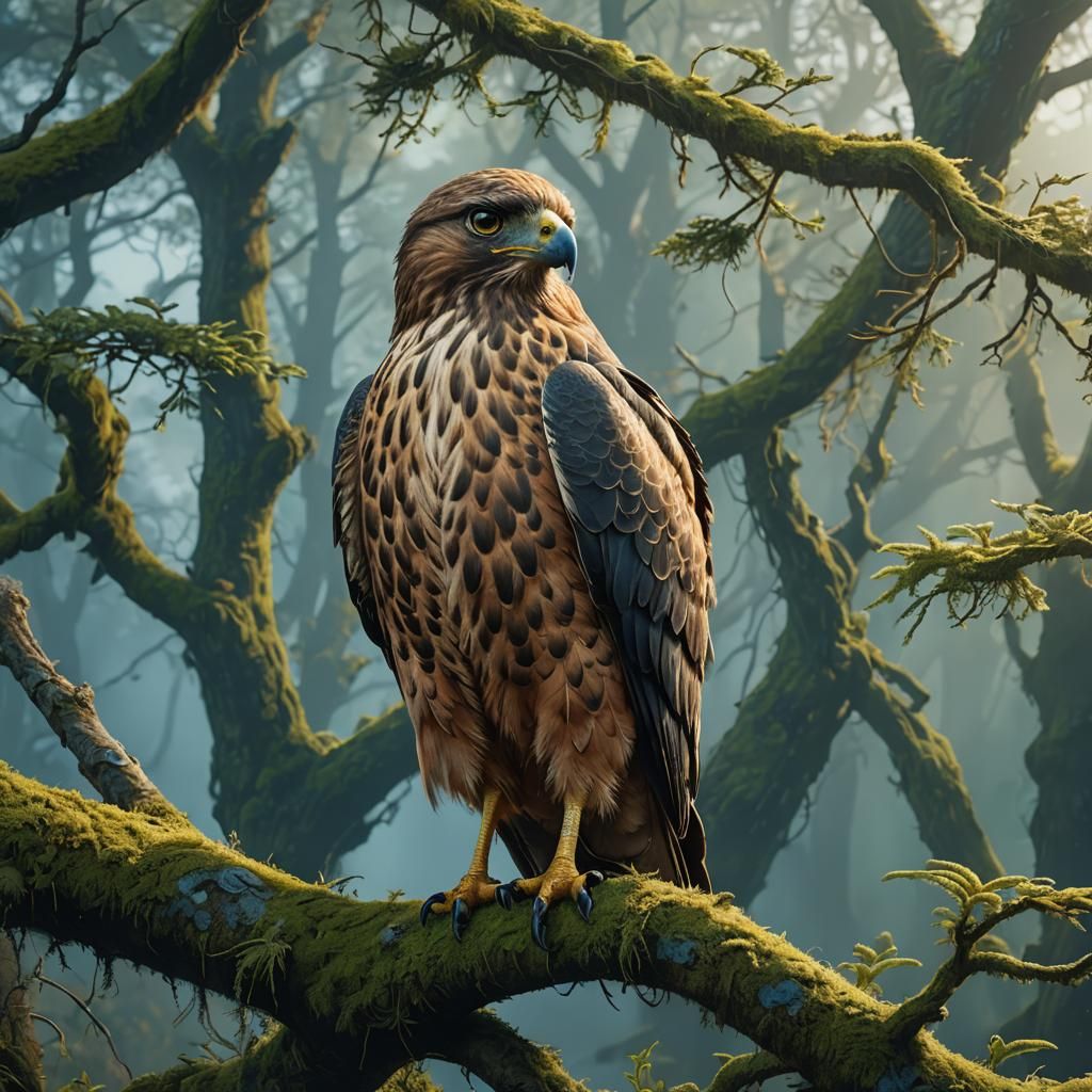 Hawk on Mossy Branch: Fantasy Concept Art